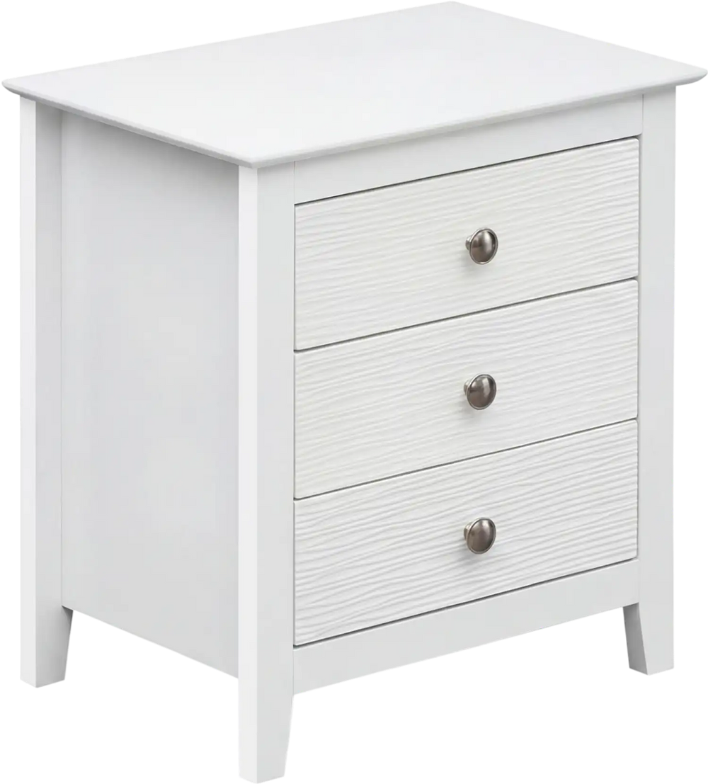 Modern farmhouse 3-drawer nightstand in white with wood grain accents, ideal for bedroom or living room storage.