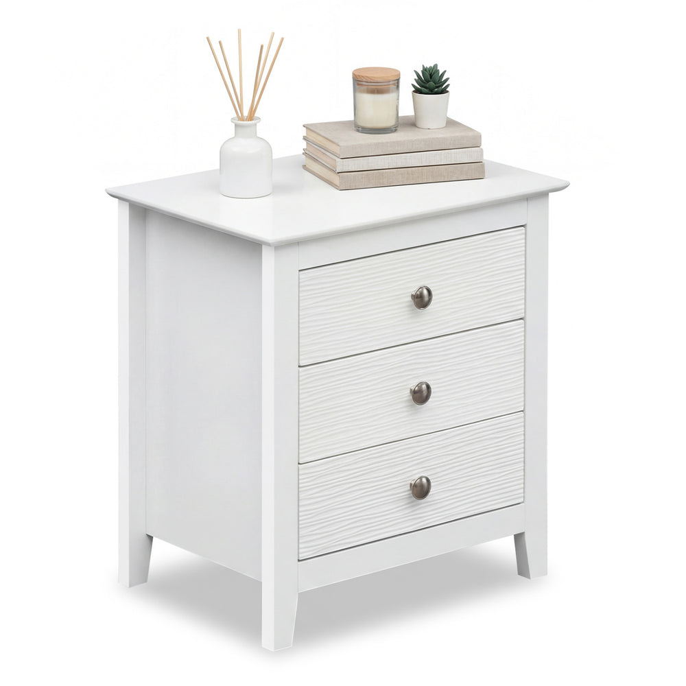 Modern farmhouse 3-drawer nightstand in white with wood grain accents, perfect for bedroom storage and decor.