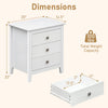 Modern Farmhouse 3-drawer nightstand in white with wood grain accents, showcasing dimensions and storage capacity.