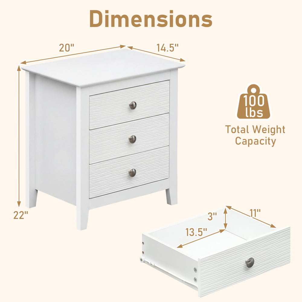 Modern Farmhouse 3-drawer nightstand in white with wood grain accents, showcasing dimensions and storage capacity.