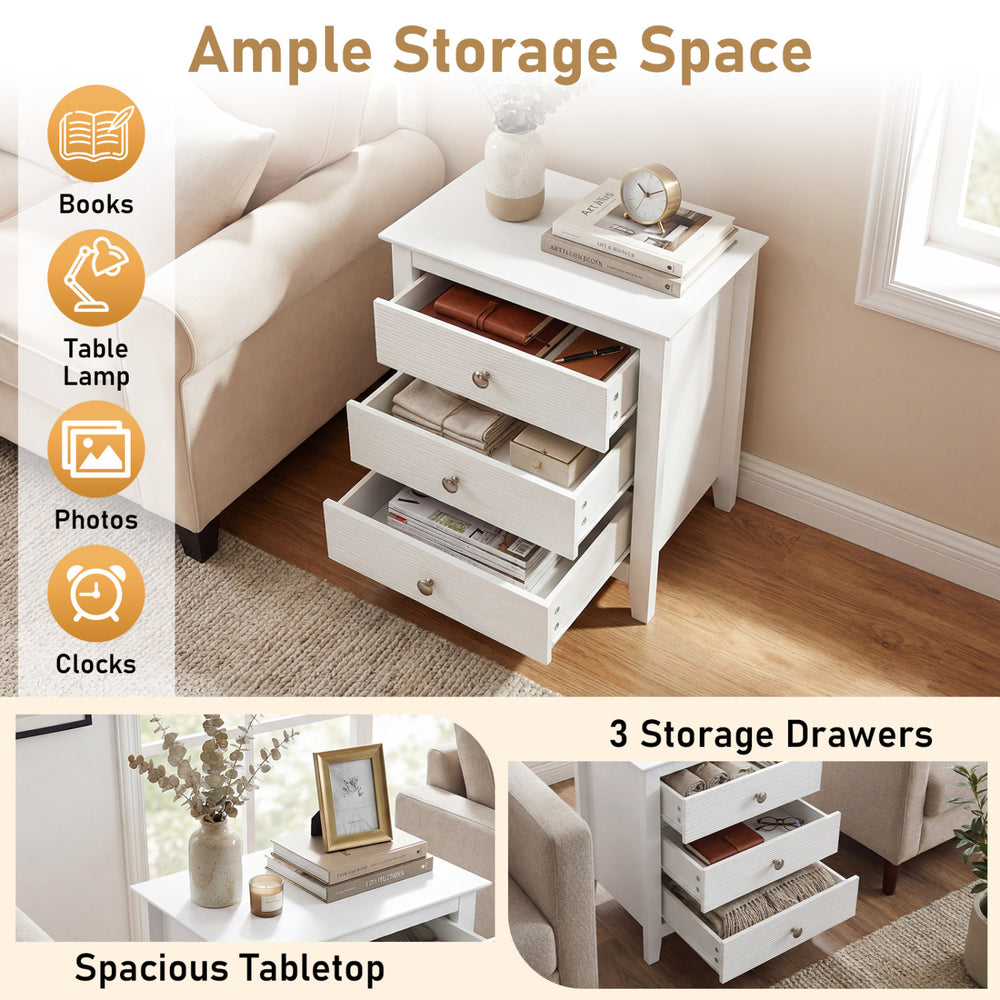 Modern farmhouse 3-drawer nightstand in white with wood grain accents, offering ample storage for books and decor.