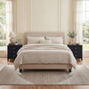 Black 3-drawer nightstand with wood grain accents, spacious tabletop, and elegant design for bedroom storage.