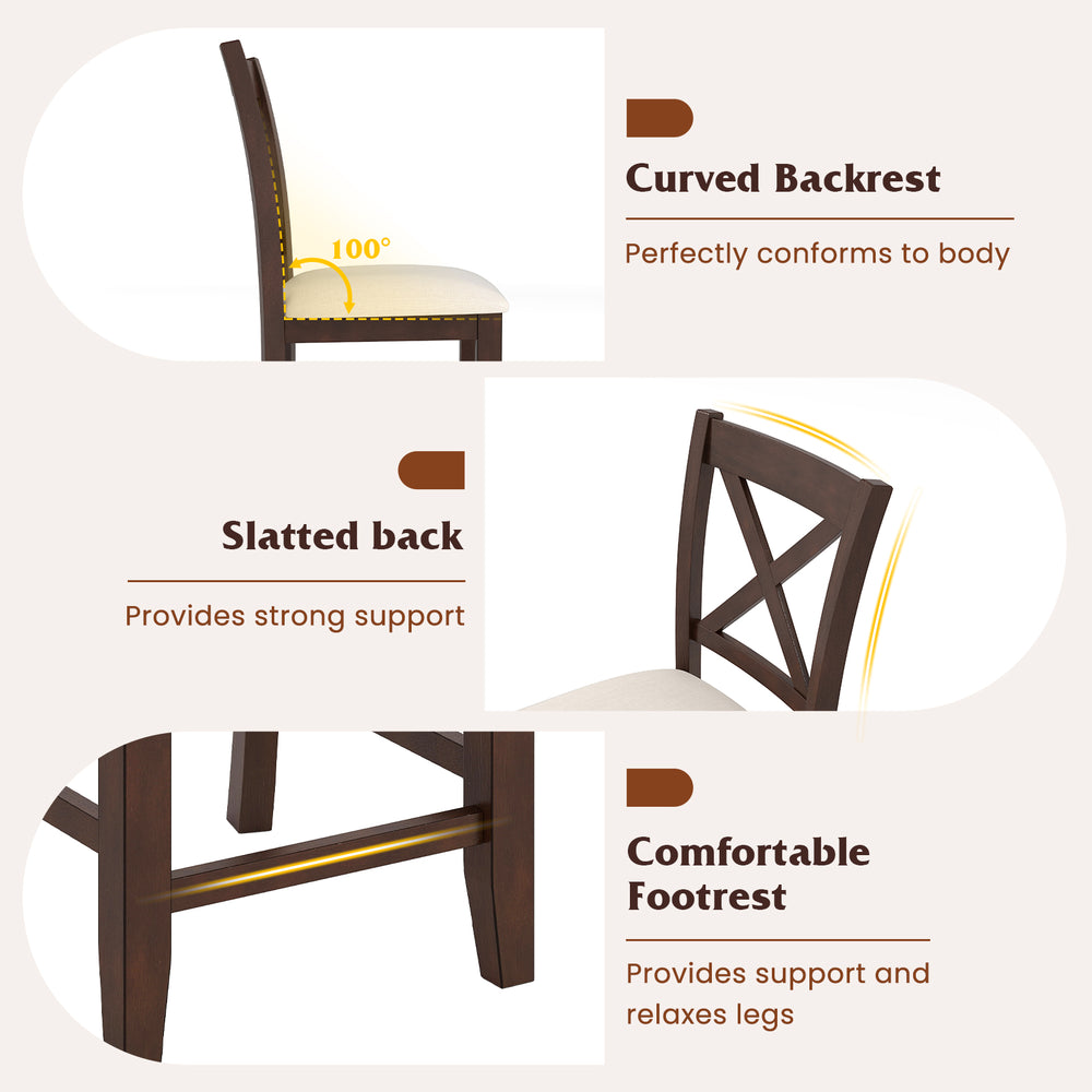 Curved backrest and slatted design of walnut counter height stool with cushion, ideal for dining and cafes.