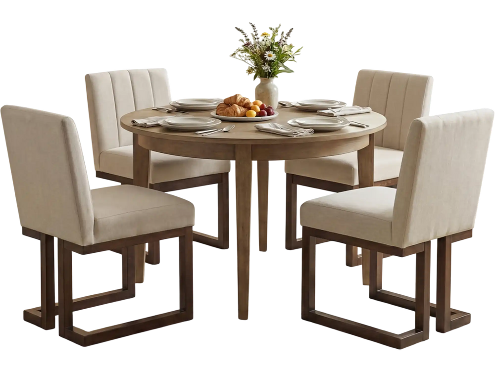 Set of 4 Modern Farmhouse dining chairs with thick padded seats in walnut, perfect for comfortable family gatherings.