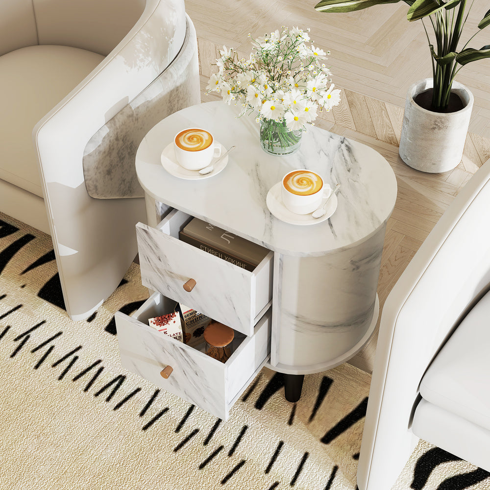 Modern 2-drawer nightstand with a faux marble top, perfect for bedside storage and elegant home decor.