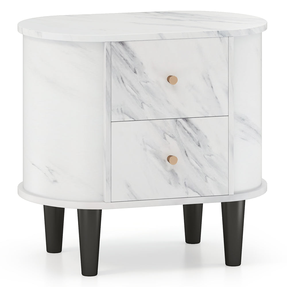 Modern faux marble nightstand with two drawers and sturdy black legs, perfect for bedroom or living room storage.