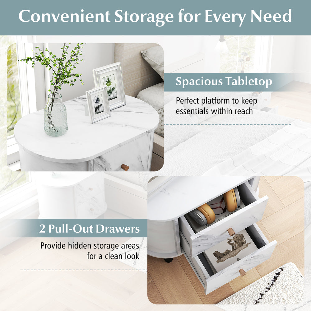 2-drawer nightstand with a spacious faux marble tabletop and pull-out drawers for hidden storage in a modern design.