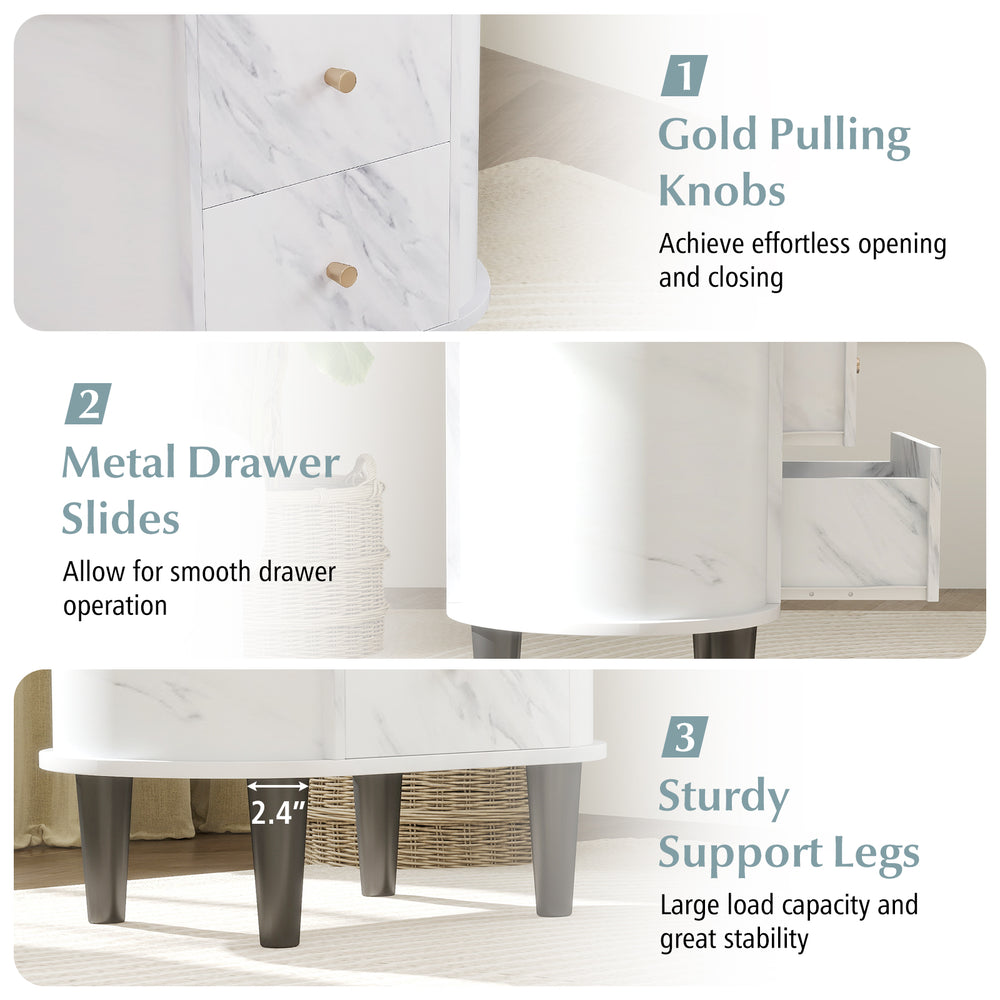 2-drawer nightstand with faux marble surface, gold knobs, and sturdy legs for stylish bedside storage and easy access.