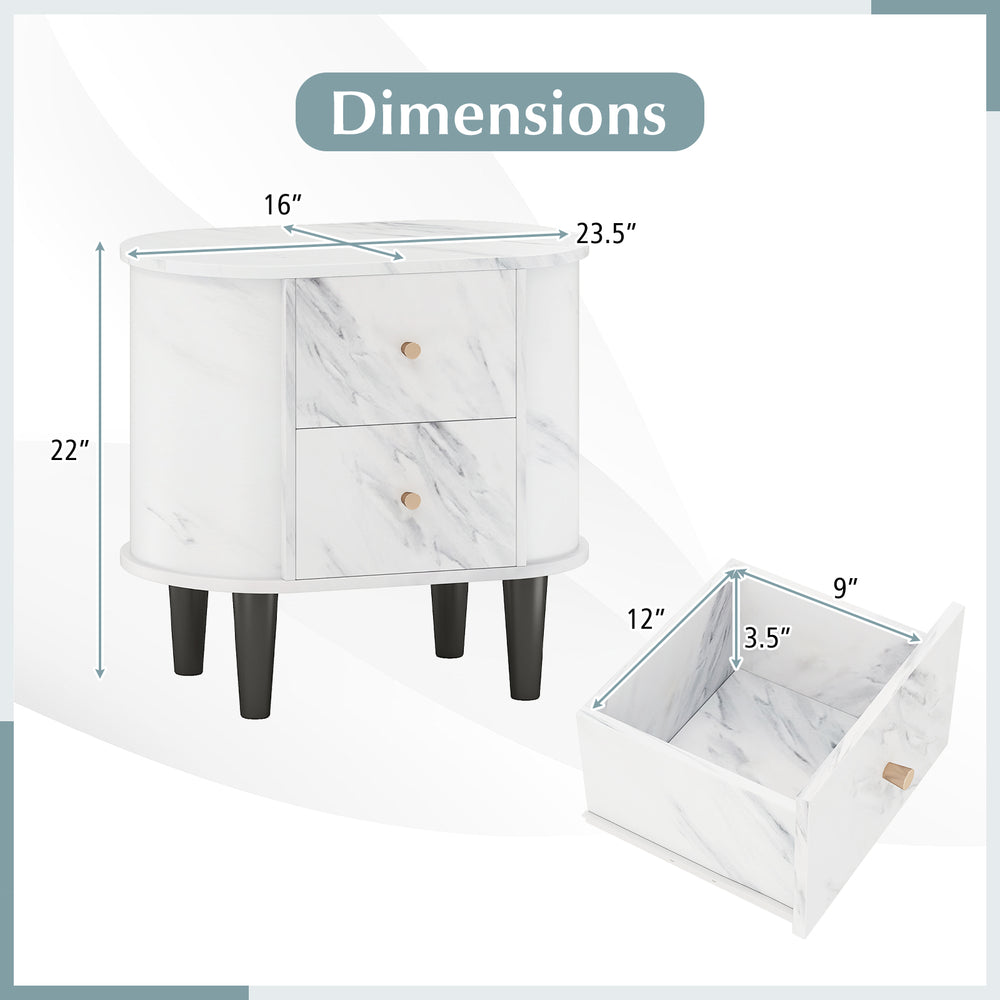 2-drawer nightstand with faux marble surface, dimensions 16"x22", ideal for bedroom or living room storage.