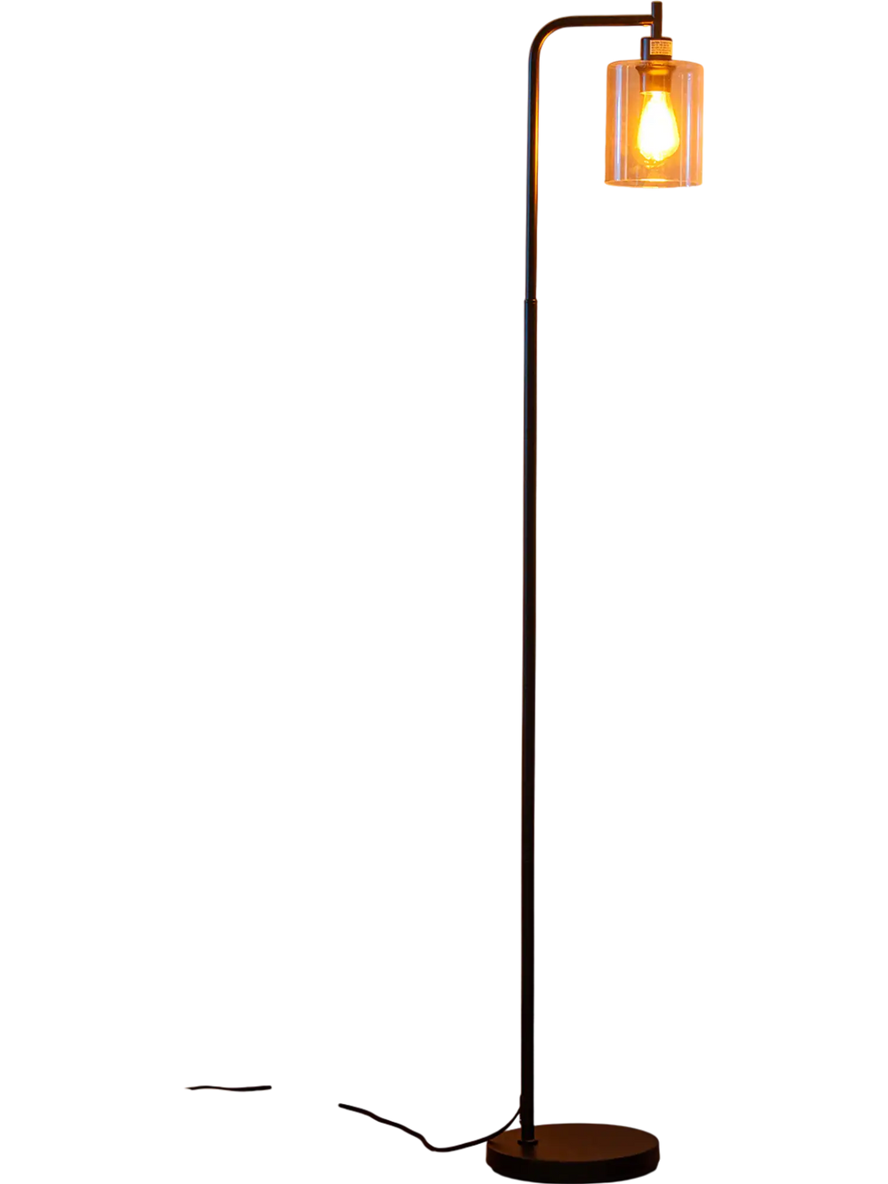Modern floor lamp with hanging clear glass lampshade and foot switch, perfect for living rooms and bedrooms.