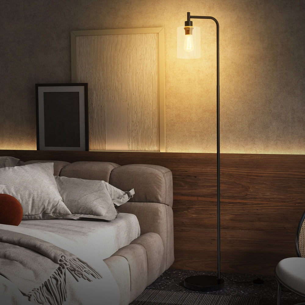 Modern floor lamp with a black finish and clear glass lampshade, featuring a foot switch for easy control in a cozy.