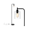 Modern floor lamp with a black frame and clear glass lampshade, featuring a foot switch for easy control.