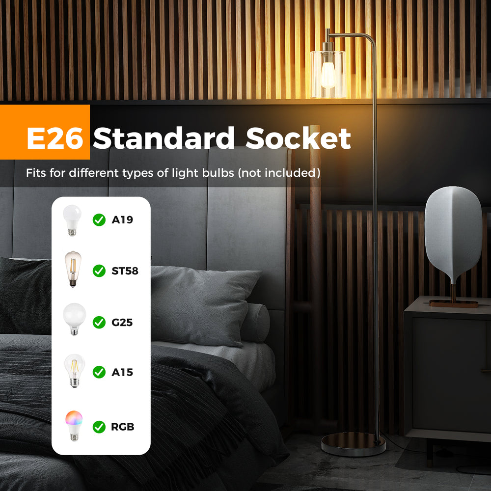 Modern floor lamp with a hanging glass lampshade, E26 socket, and foot switch, perfect for living rooms and bedrooms.