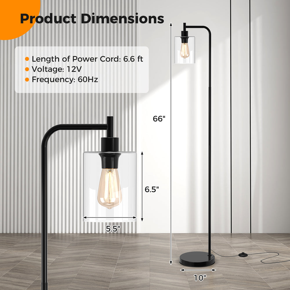Modern floor lamp with a black frame and clear glass lampshade, featuring a foot switch for easy control, 66 inches.