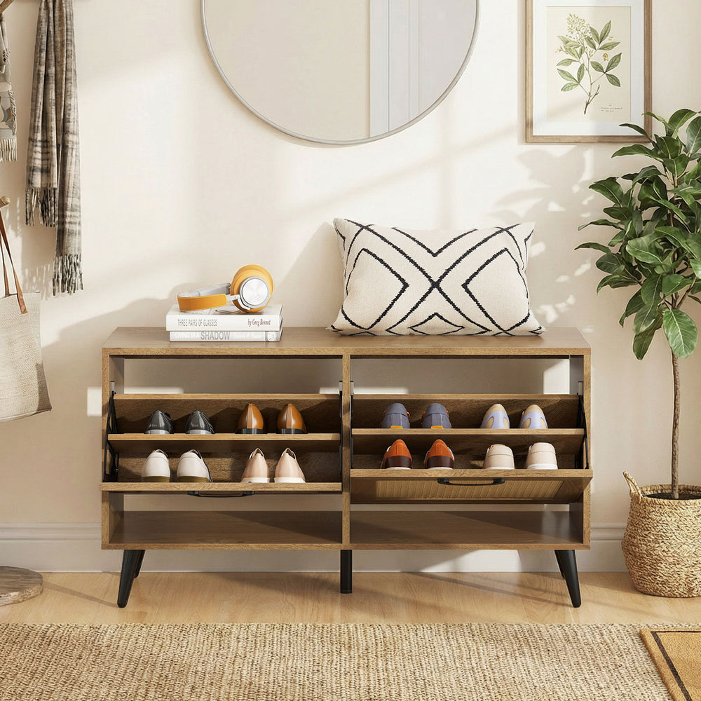 Modern freestanding shoe cabinet with natural wood grain, featuring 2 flip drawers and adjustable shelves for entryway.