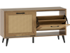 Modern freestanding shoe cabinet with a smooth surface and convenient handles, featuring woven rattan texture for a.