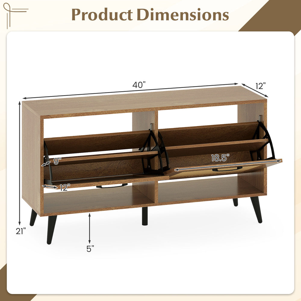 Modern freestanding shoe cabinet with 2 flip drawers and adjustable shelves, featuring natural wood grain for entryway.