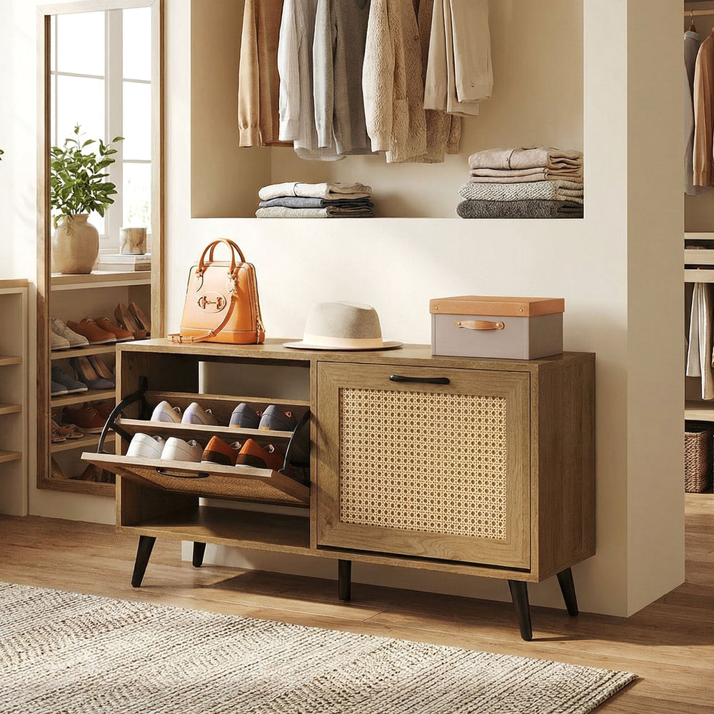 Modern freestanding shoe cabinet with natural wood grain, 2 flip drawers, and adjustable shelves for entryway storage.