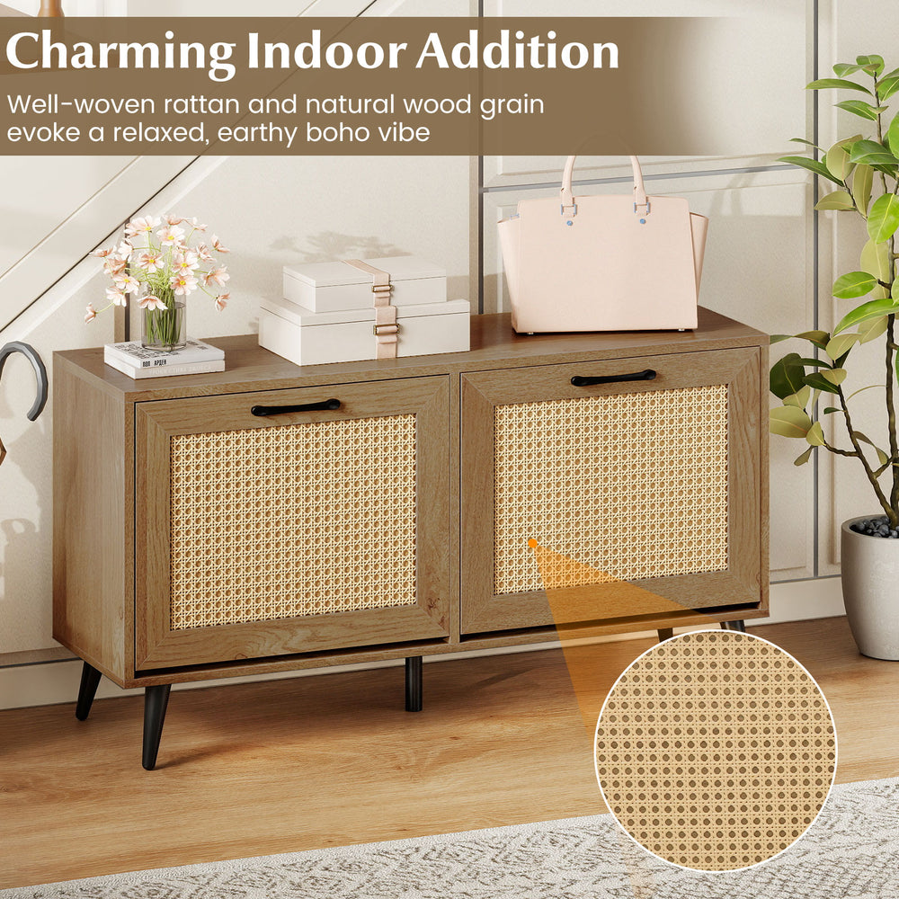 Modern freestanding shoe cabinet with woven rattan texture and natural wood grain, perfect for entryway storage.