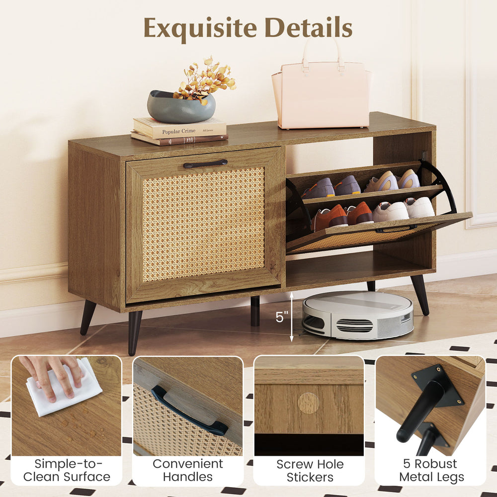 Close-up of the modern shoe cabinet's woven rattan texture and convenient handles, enhancing boho charm for entryways.