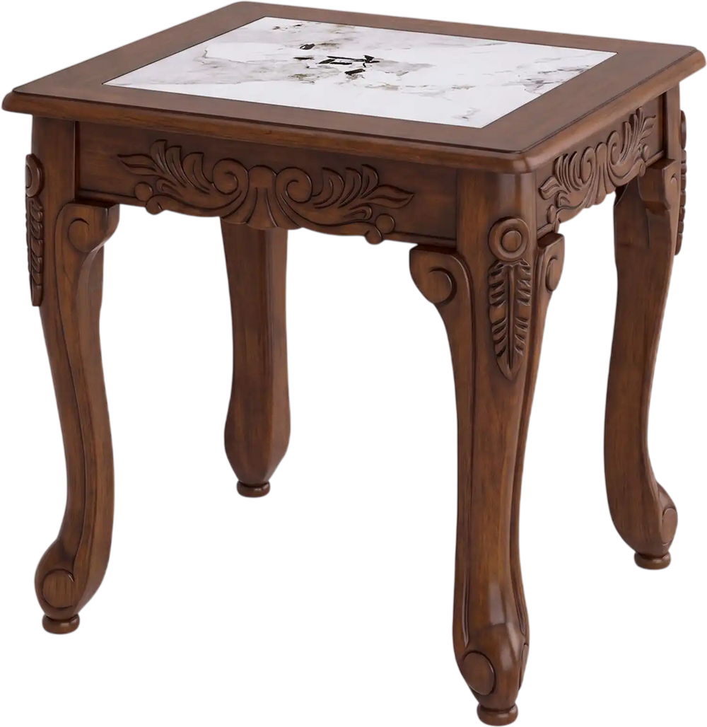 Modern coffee table with a clear tempered glass top and walnut rubberwood base, featuring ornate carvings and vintage style.