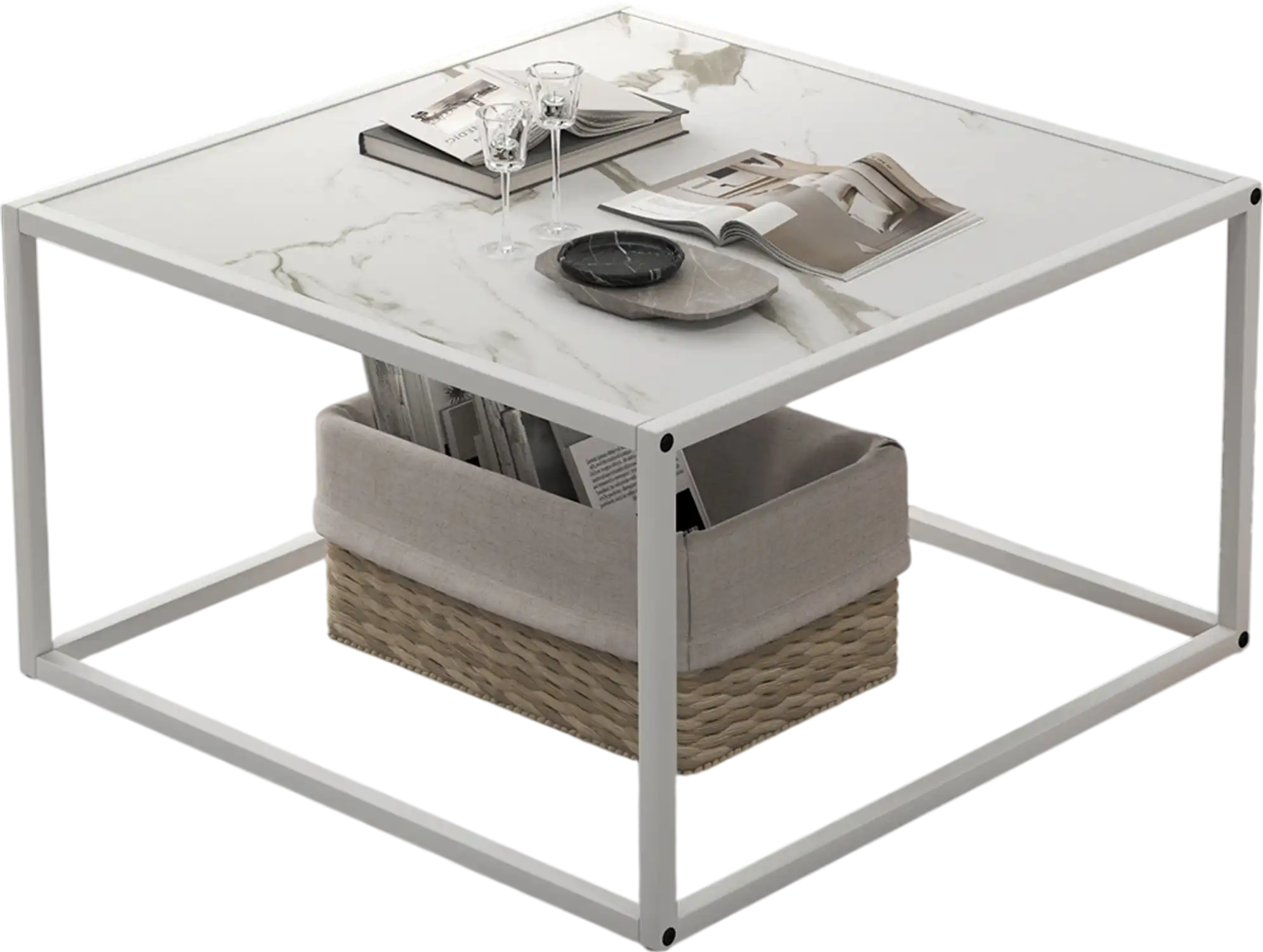 Costway Modern Glass Square Coffee Table Metal Frame White 02534697 New