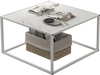 Modern square coffee table with faux marble top and matte steel frame, perfect for living room decor and storage.