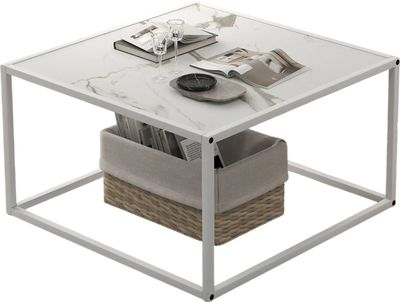 Costway Modern Glass Square Coffee Table Metal Frame White 02534697 New