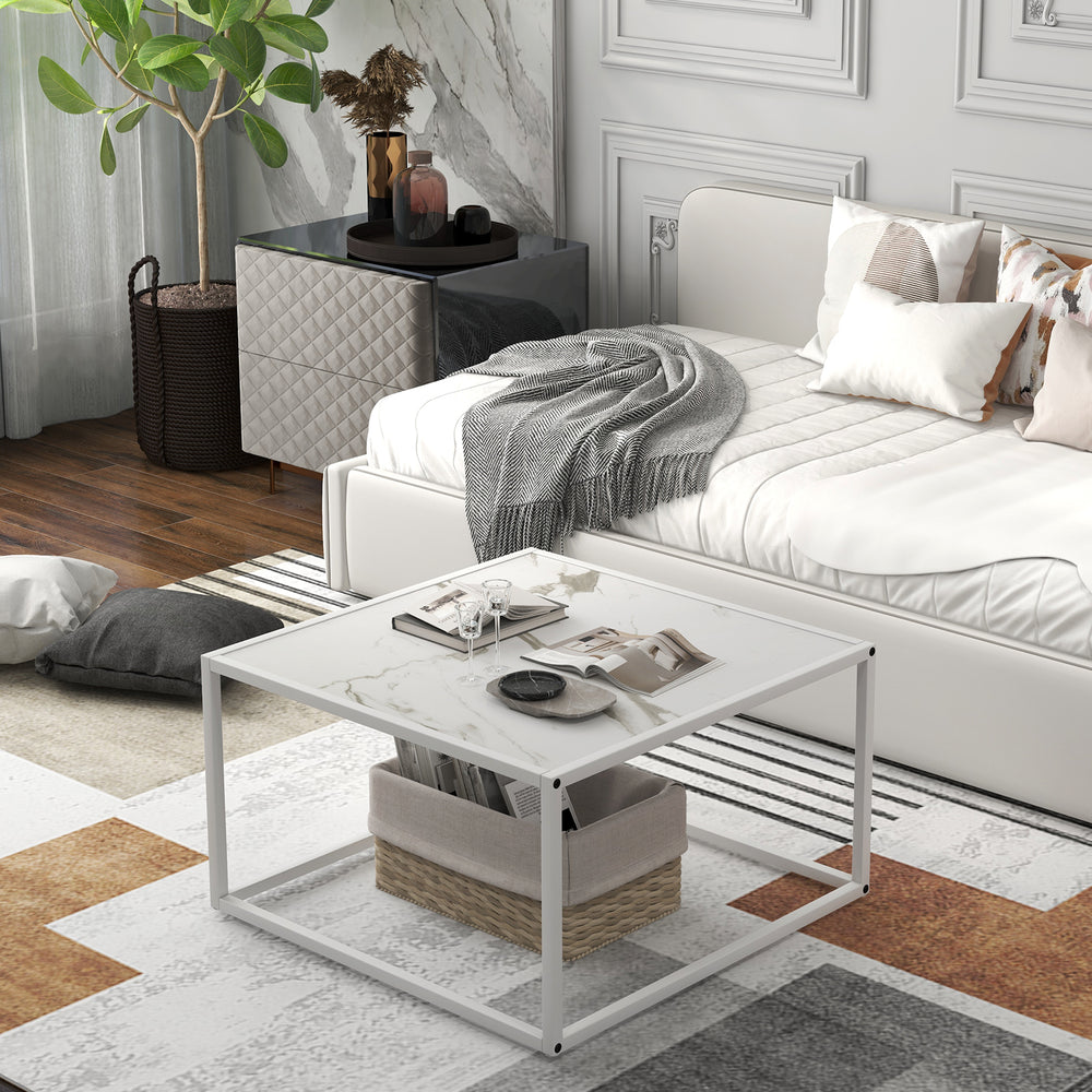 Modern Glass Square Coffee Table with Metal Frame for Living Room-White - Gallery View 1 of 10