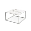 Square coffee table with faux marble top and matte steel frame, ideal for living room or bedroom use.