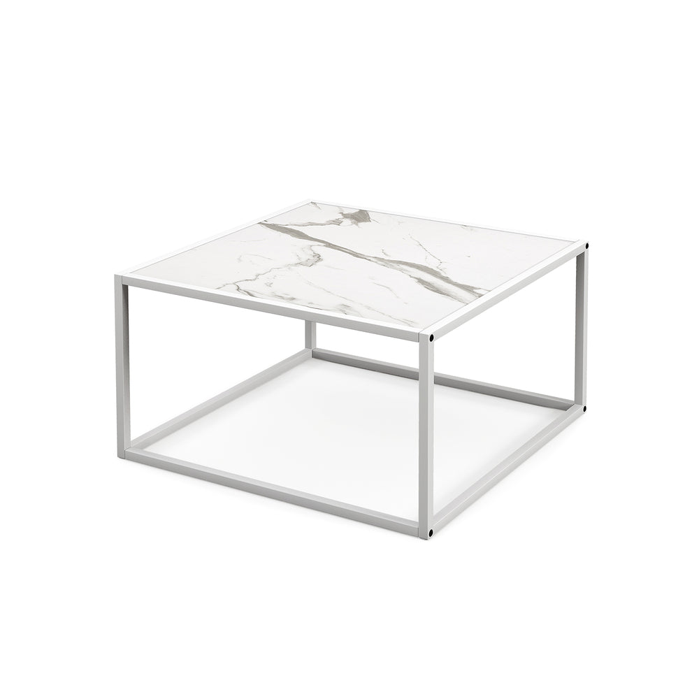 Square coffee table with faux marble top and matte steel frame, ideal for living room or bedroom use.