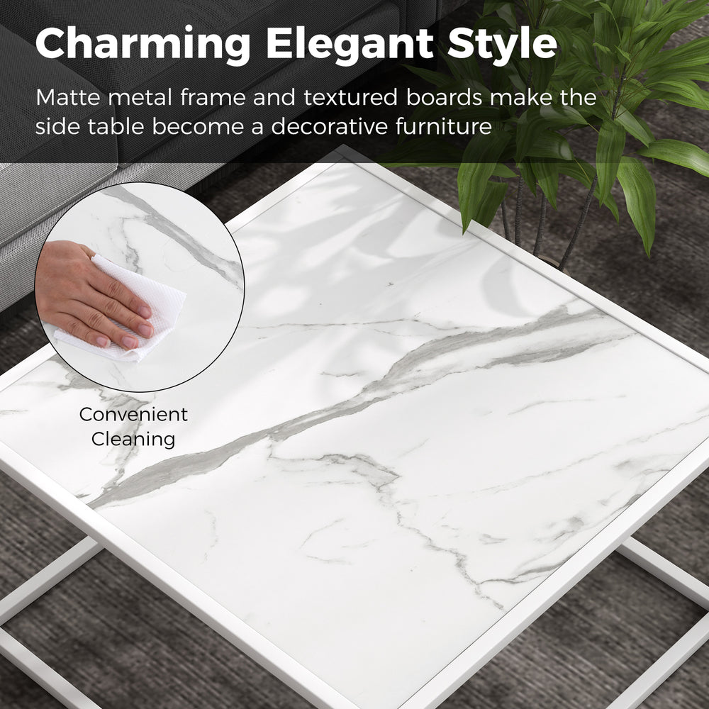 Modern square coffee table with faux marble top and matte steel frame, perfect for living room convenience and style.
