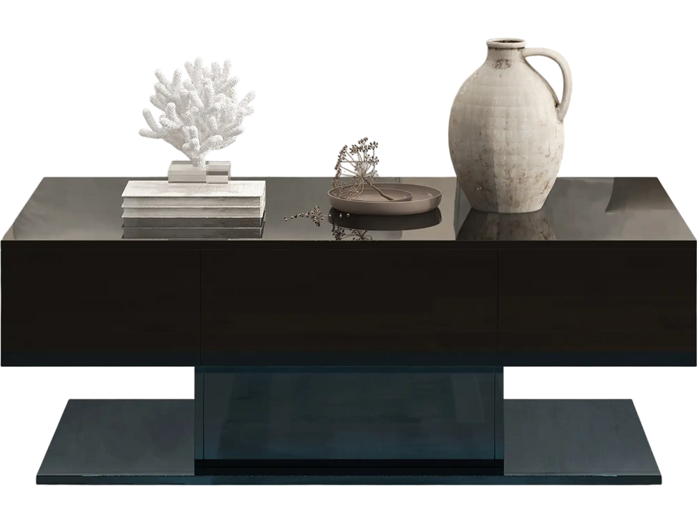 Modern LED coffee table in black with two storage drawers and vibrant adjustable lights for stylish living room decor.