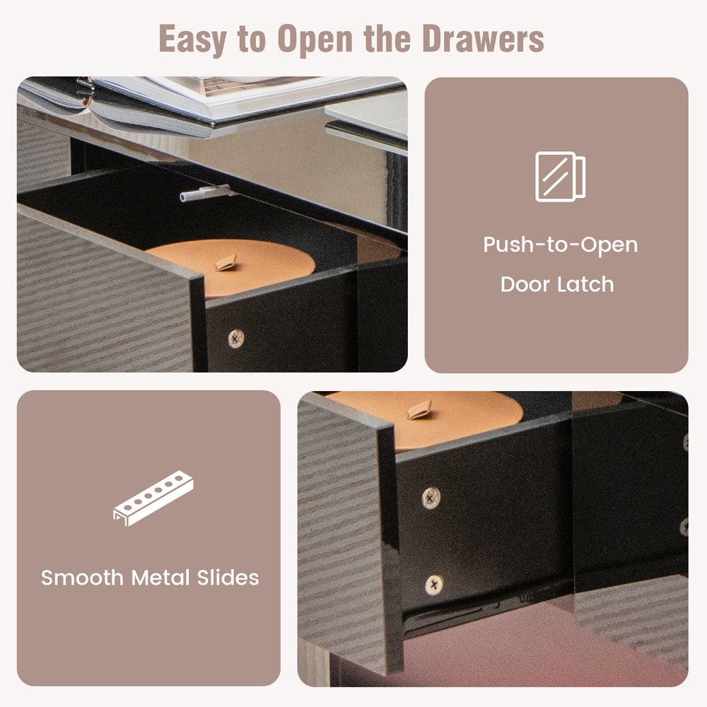 Close-up of push-to-open drawer with smooth metal slides on a modern black LED coffee table for convenient storage.