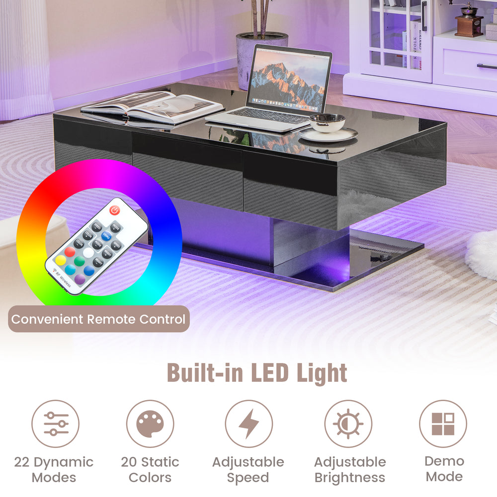 Modern LED coffee table in black with 20 color lights, remote control, and two storage drawers for stylish living room.