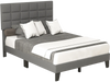 Full size gray linen bed frame with adjustable headboard, featuring exquisite quilting and sturdy slatted platform.
