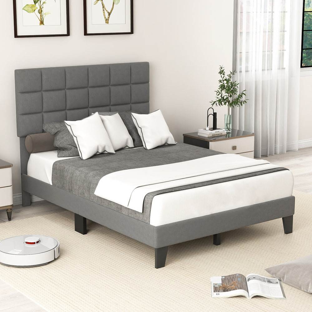 Full Size Modern Linen Bed Frame with Adjustable Headboard-Gray - Gallery View 1 of 11