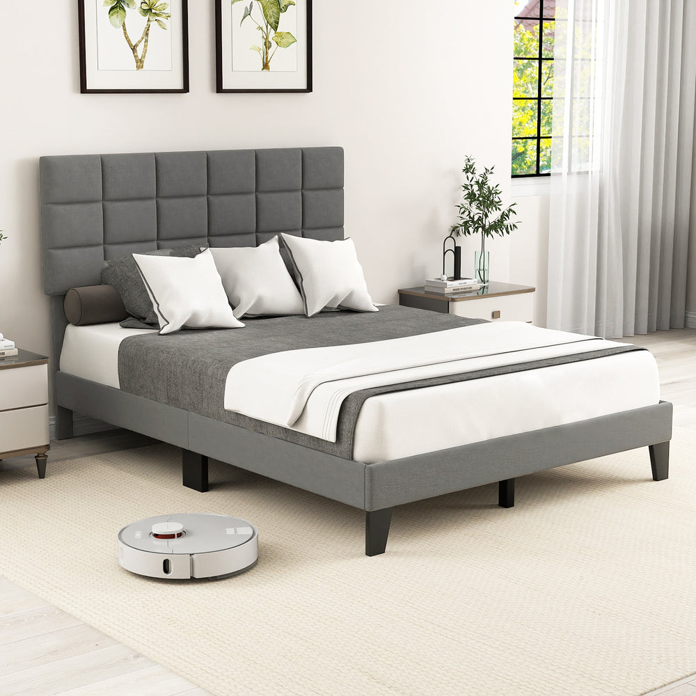 Queen Size Modern Linen Bed Frame with Adjustable Headboard-Gray - Gallery View 1 of 11