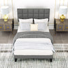 Top view of a full size gray linen bed frame with a plush upholstered headboard and decorative pillows for a stylish.