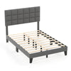 Full size gray linen bed frame with adjustable upholstered headboard and sturdy slatted platform for mattress support.