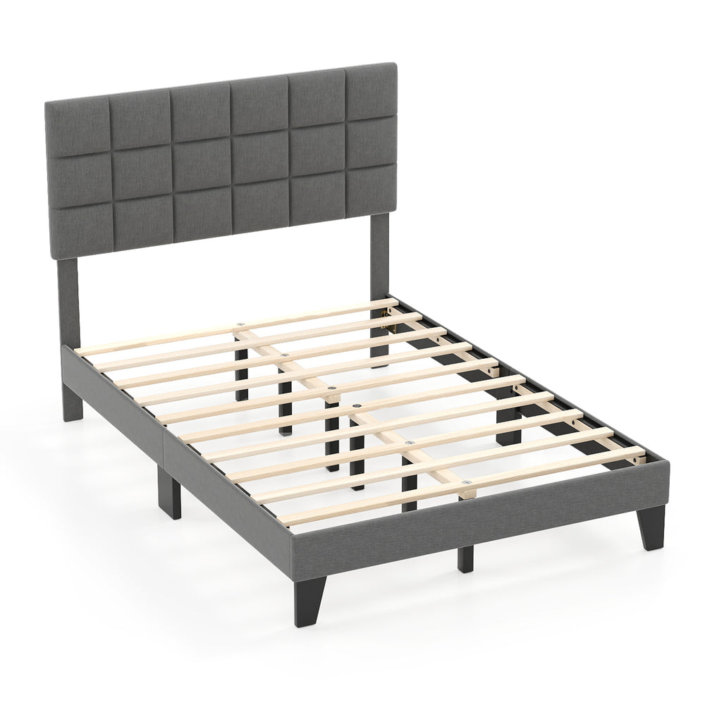 Full size gray linen bed frame with adjustable upholstered headboard and sturdy slatted platform for mattress support.
