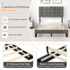 Full size gray upholstered bed frame with adjustable headboard and 10 slats for mattress support, ideal for modern.