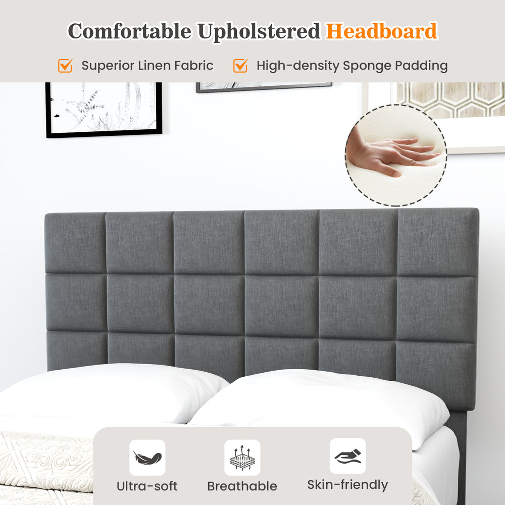 Gray upholstered headboard with exquisite quilting, adjustable height, and breathable linen fabric for full-size bed.
