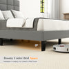 Full size gray linen bed frame with adjustable headboard and 6" under-bed space for easy floor cleaning.
