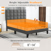 Full size gray linen bed frame with adjustable headboard, suitable for 8"-14" thick mattresses, featuring elegant.