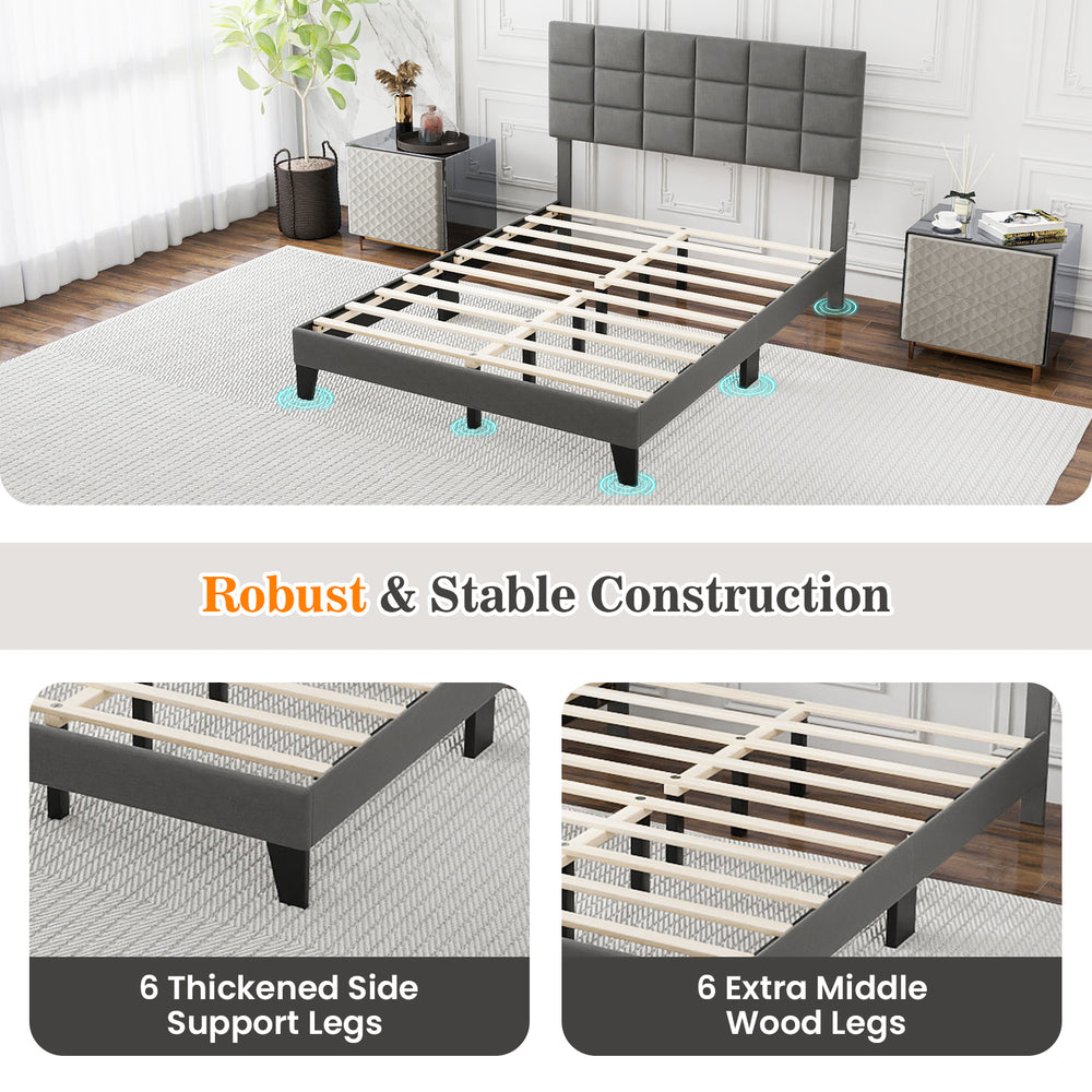 Full size gray linen bed frame with adjustable headboard and robust slatted platform for mattress support.
