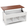 Lift top coffee table in white with a wood finish, featuring storage space and adjustable height for versatile use.