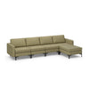 L-shaped modular sectional sofa in green linen fabric with ergonomic backrests for comfort in modern living rooms.