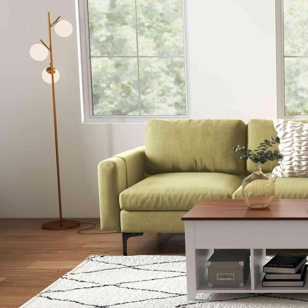 L-shaped modular sectional sofa in green with lift top coffee table and stylish 3-globe floor lamp for modern living.