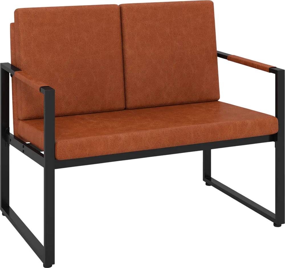Brown modern loveseat sofa with PU leather cover and solid metal frame, perfect for small rooms and cozy conversations.